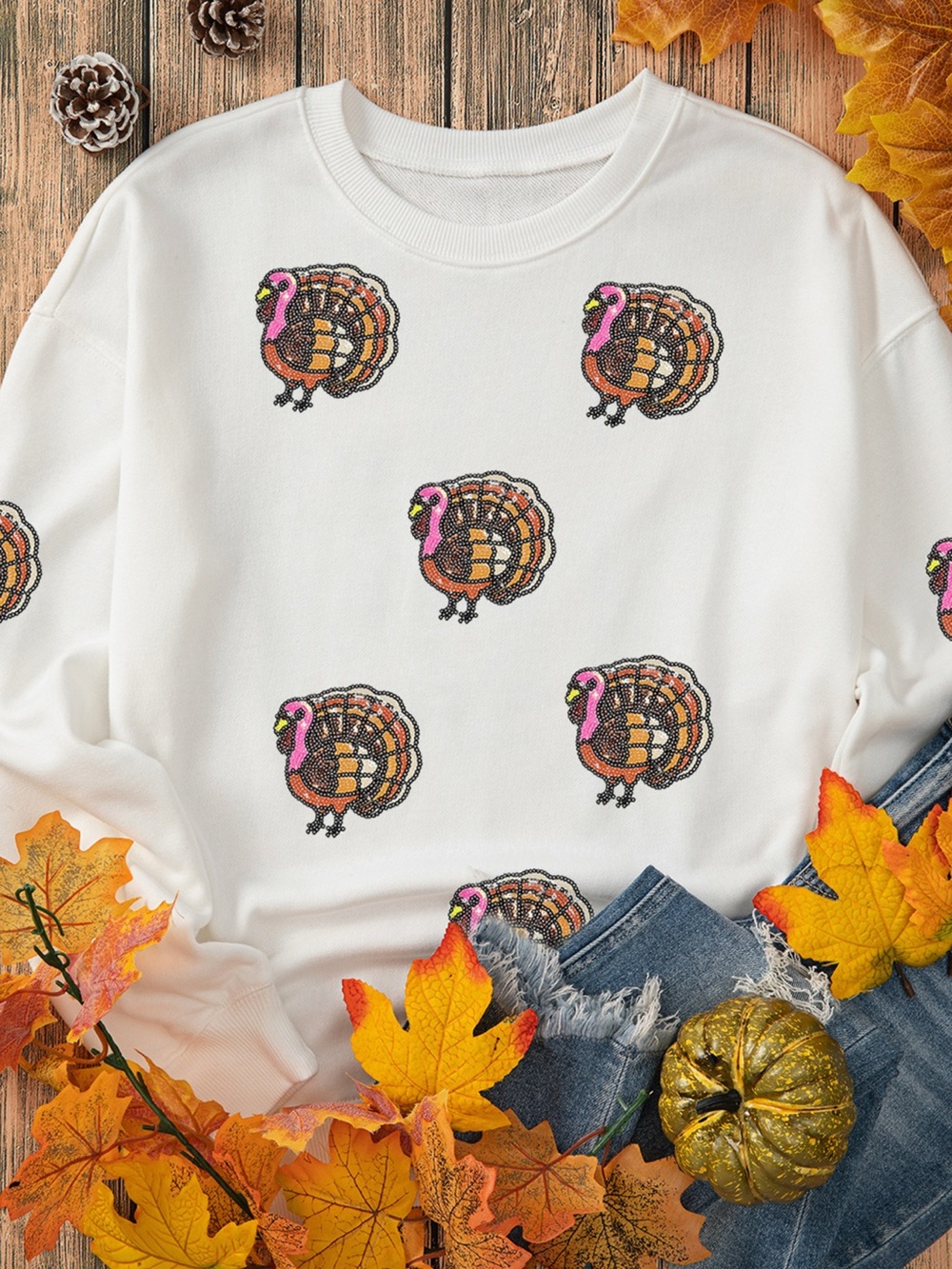Thanksgiving Turkey Sequin Patched Sweatshirt - Picture 2 of 5